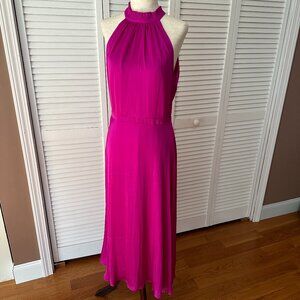 BANANA REPUBLIC Hot Pink Satin High Neck Halter Midi Dress